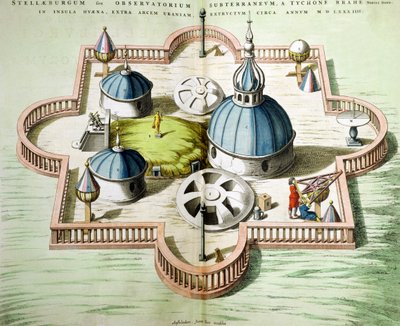 General View of the Observatory of Uraniborg, constructed c.1584 by Tycho Brahe (1546-1601) on the island of Hven, Denmark from 